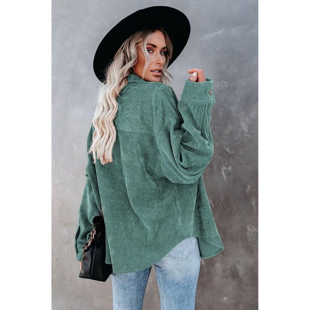 Women Green Collared V Neck Button Down Oversized Long Sleeve Shirt Top - Picture 6 of 6